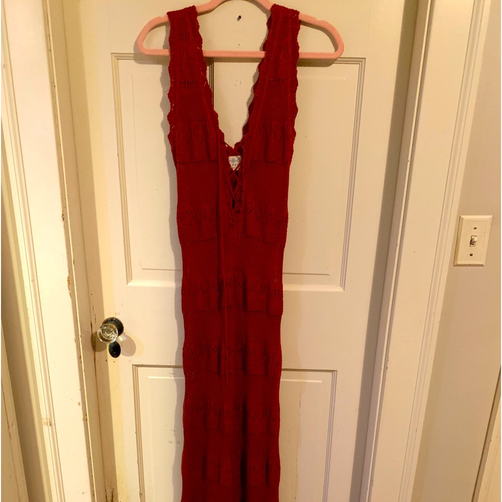 Free People crochet knit maxi dress, size S, crimson